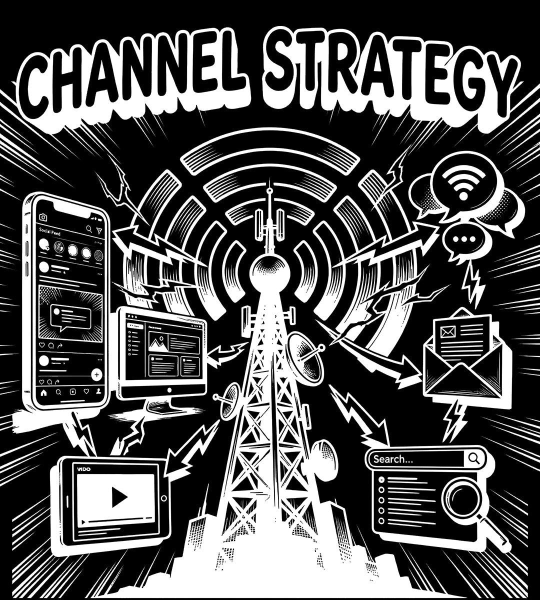 Marketing channel strategy framework diagram Line-art diagram showing a marketing channel strategy framework